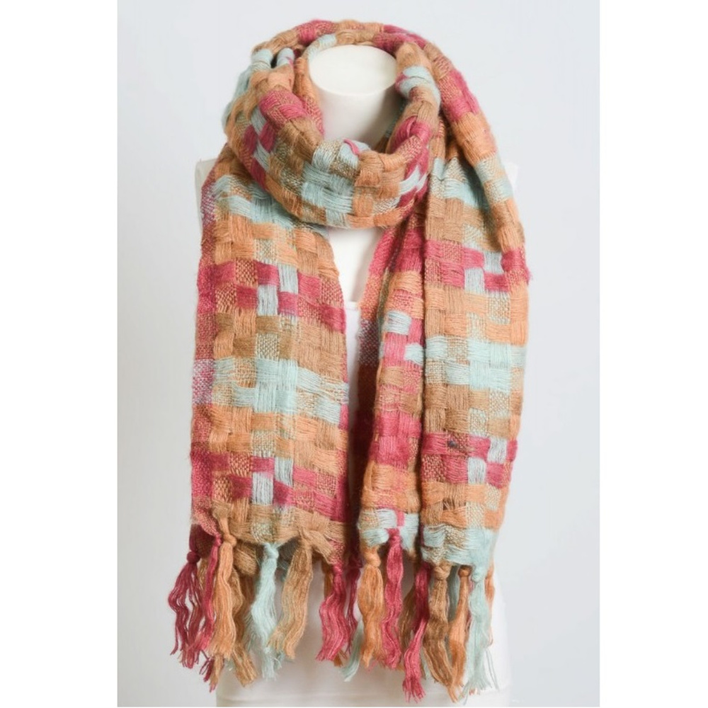 Patchwork Woven Multicolor Tassel Plaid Scarf NWOT - Picture 2 of 2